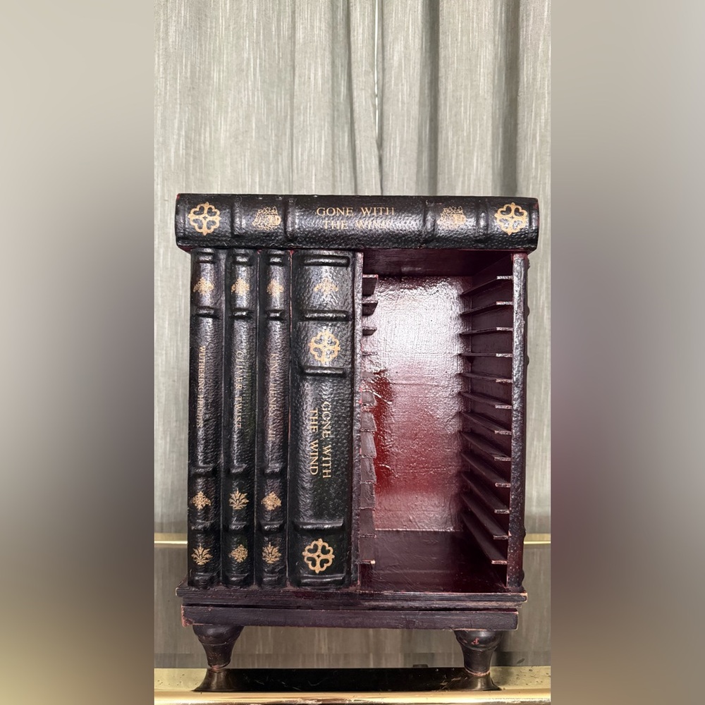 Rare vntg whimsical moody Black Leather Book Set rotating cd holder